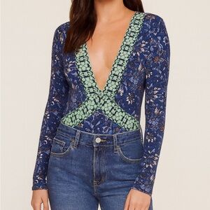 Free People Floral Deep V-Neck Bodysuit - Blue and White